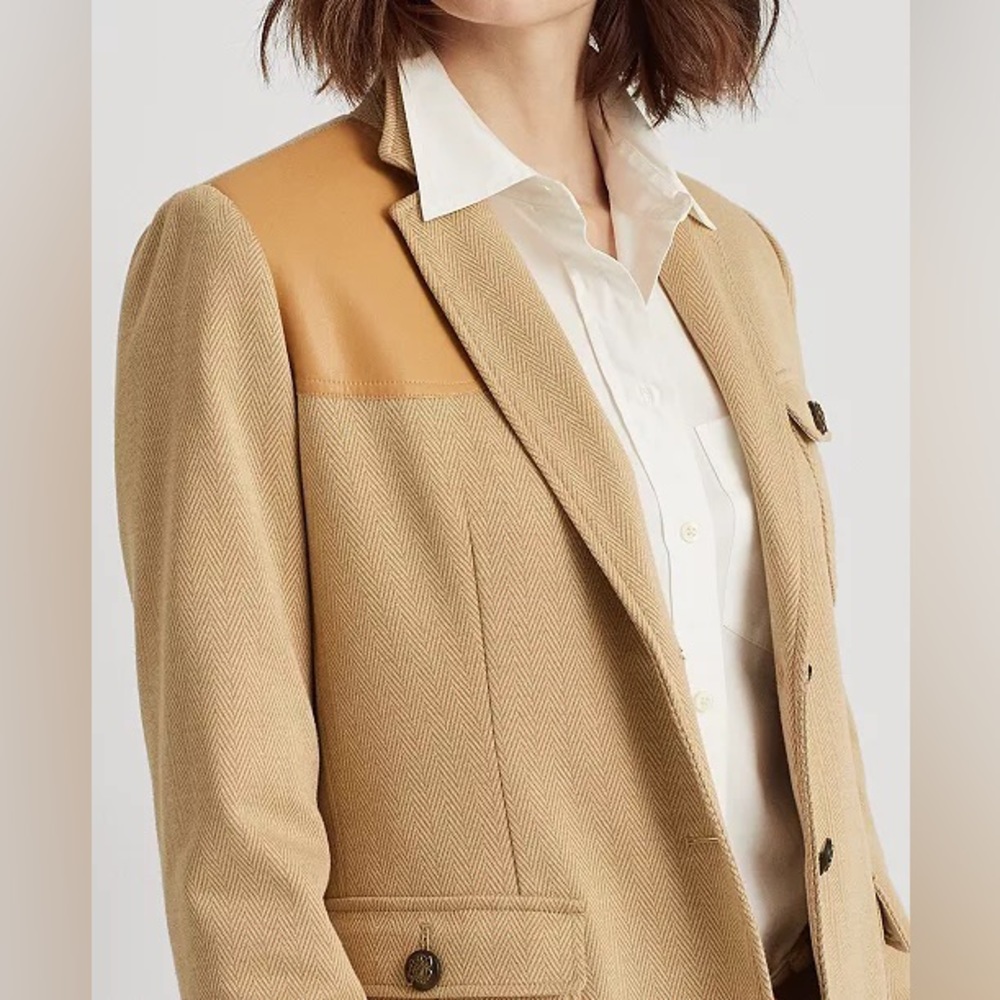 Laure ralph Lauren,Plus-Size Faux-Leather-Trim Jacquard Blazer - Picture 3 of 6